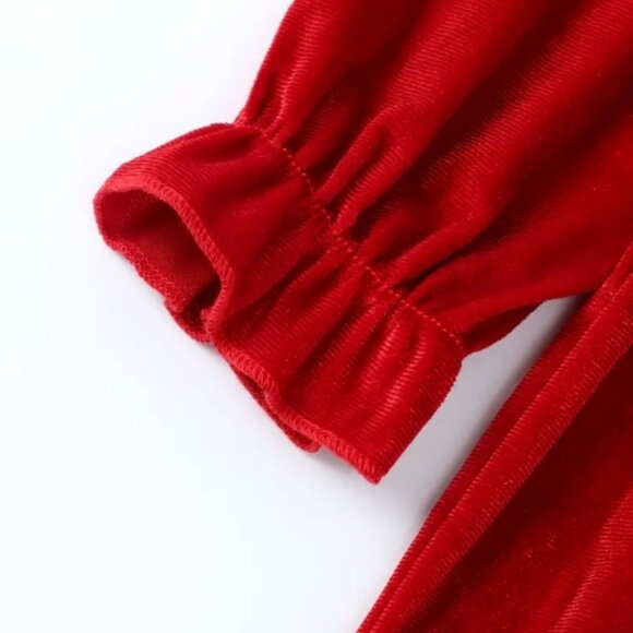 Christmas Santa Reindeer Girls Red Long Sleeve Velour Dress & Headband - Picture 3 of 6